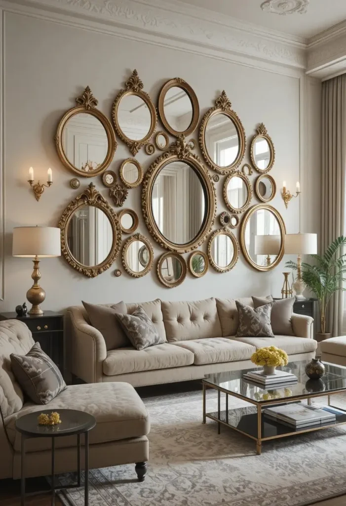 Living room wall with decorative mirror cluster reflecting light beautifully