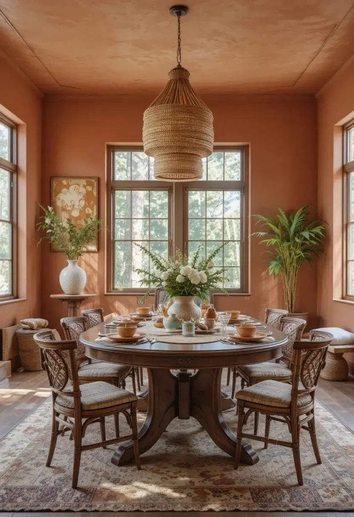 Boho dining room featuring terracotta walls and warm earthy decor.