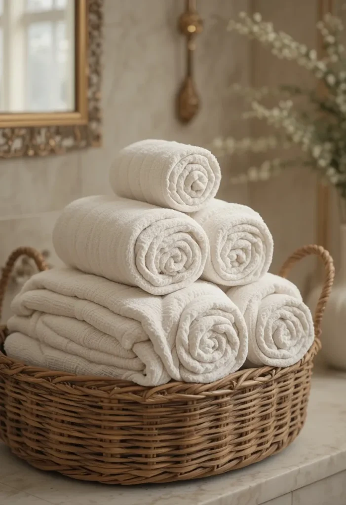 Boutique hotel style towel display in elegant bathroom