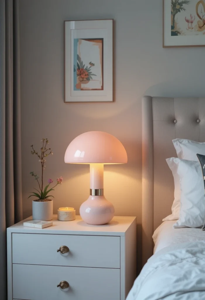 Pink mushroom bedside lamp in retro modern bedroom.