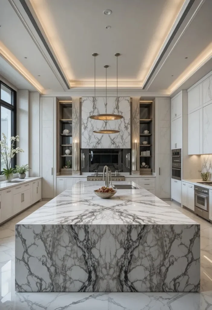 Luxury kitchen featuring a bookmatched marble waterfall island with mirrored stone patterns.