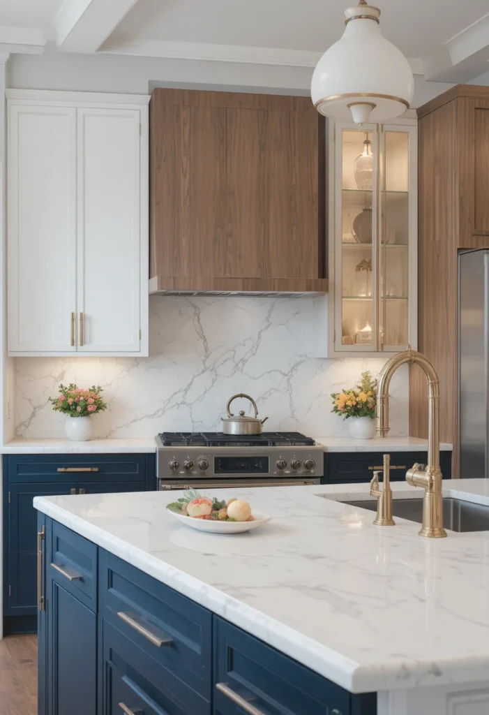 Two-tone kitchen cabinets with navy lowers and white uppers