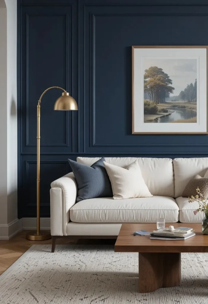 Living room with a moody navy blue accent wall behind a cream sofa.