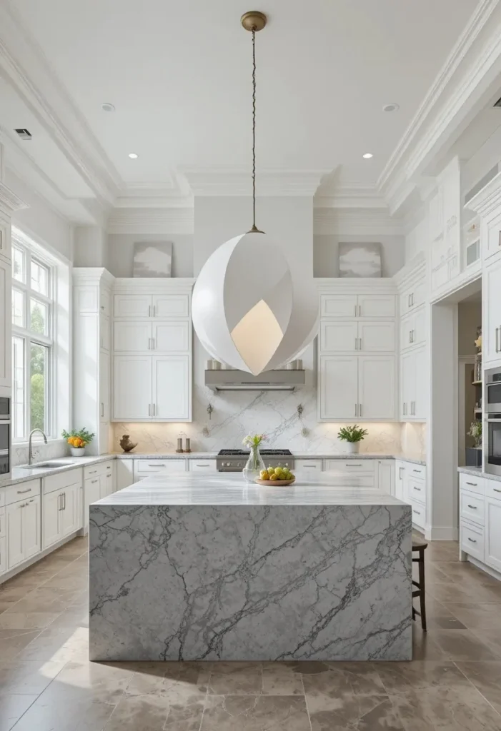 Large kitchen with an oversized statement pendant creating a dramatic focal point.