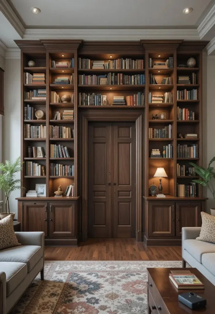 Built-in shelves surrounding a doorway in a stylish living room.