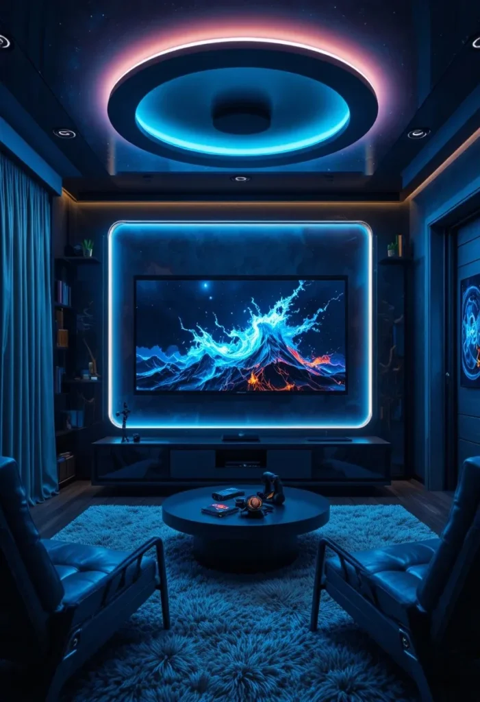 Mounted TV with colorful LED backlight creating modern glowing wall effect