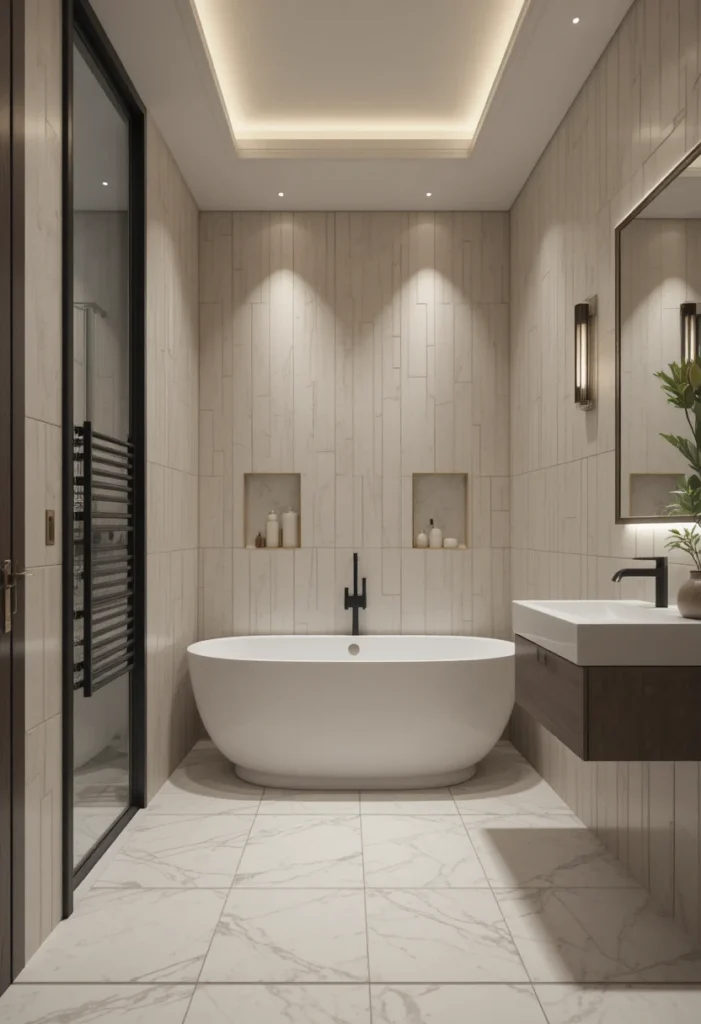 Small bathroom with floor-to-ceiling vertical tiles and a sleek built-in tub.