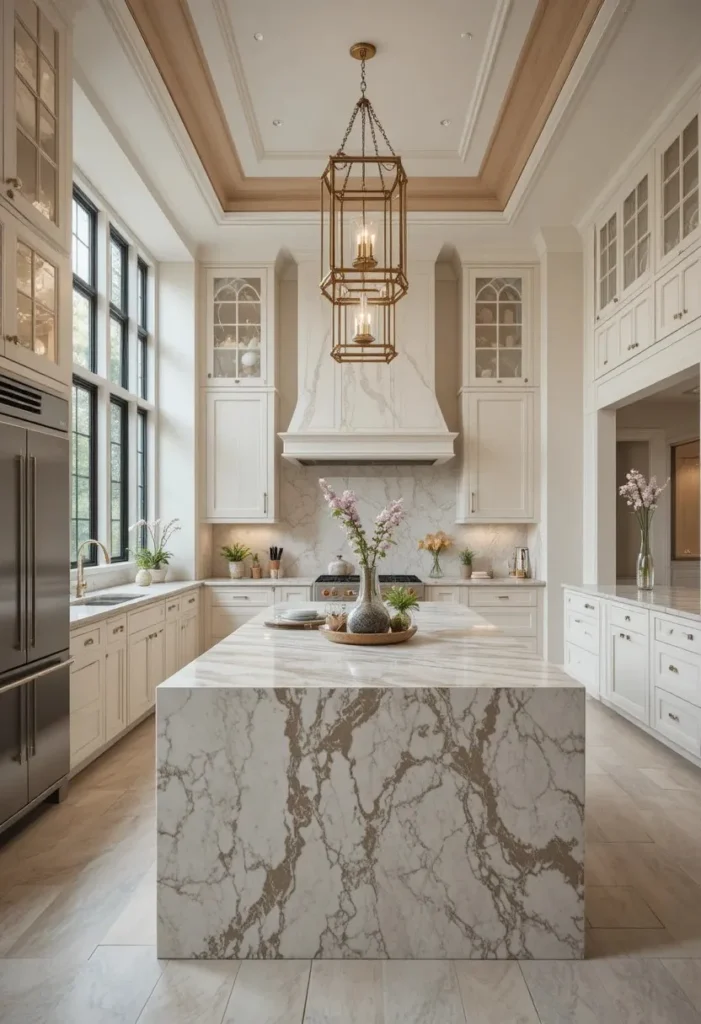 Contemporary kitchen showcasing a soft greige quartz waterfall island with a warm neutral palette.