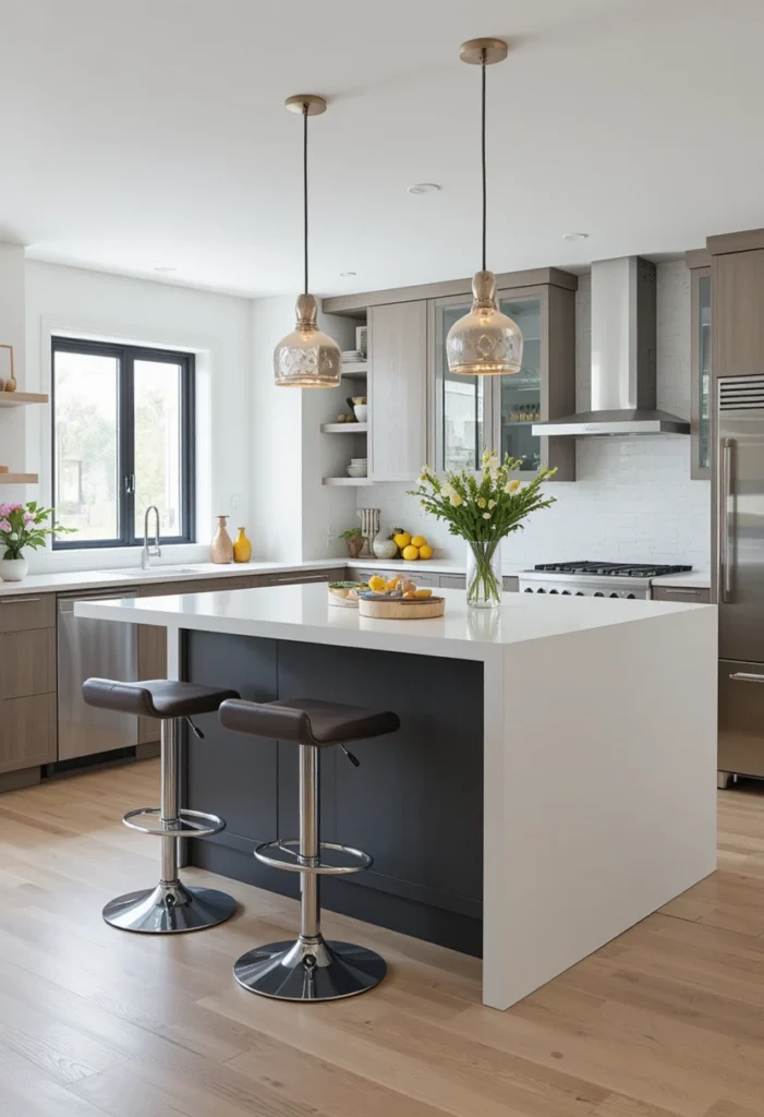 Modern kitchen island with adjustable bar stools.