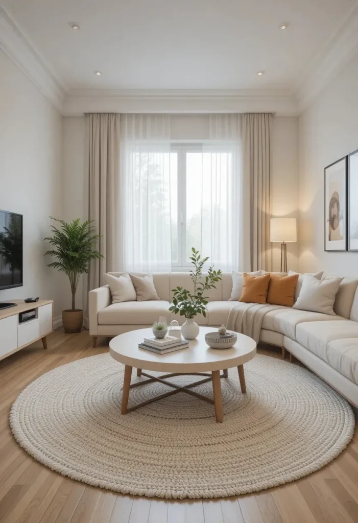 Round cream rug softening a small square living room layout.
