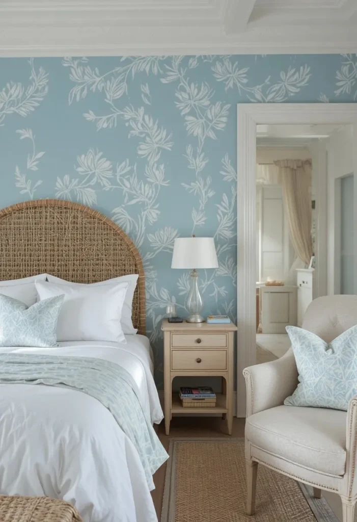 Serene coastal bedroom with soft blue wallpaper and beach-inspired decor.