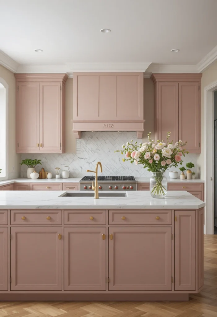 Blush pink kitchen cabinets with marble counters and gold hardware