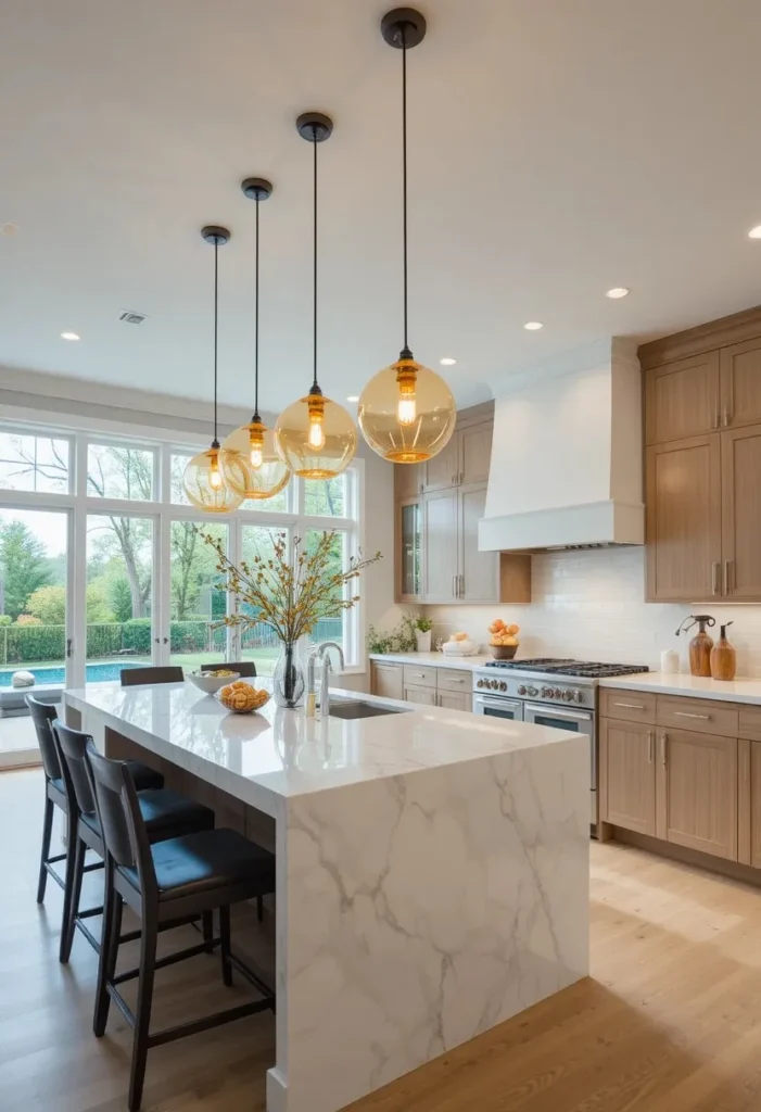 Modern kitchen featuring amber colored glass pendant lights over a white island.