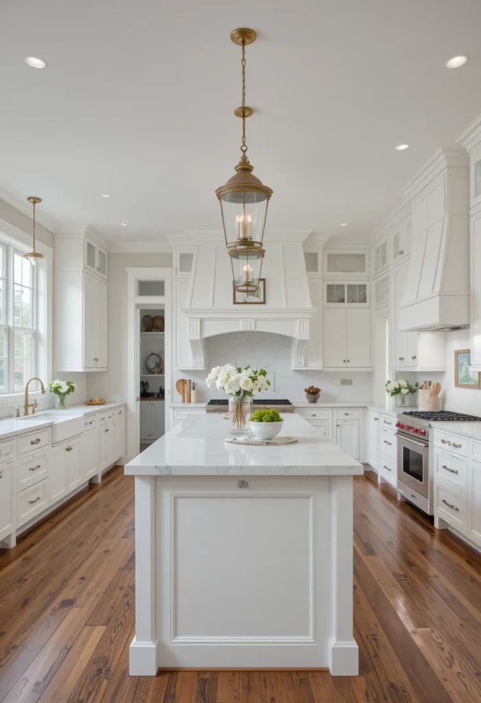 Traditional kitchen with schoolhouse pendant lights arranged above a long island.