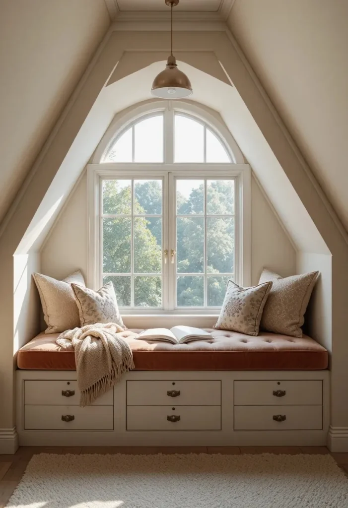 Attic dormer window reading nook with cushioned bench and storage drawers