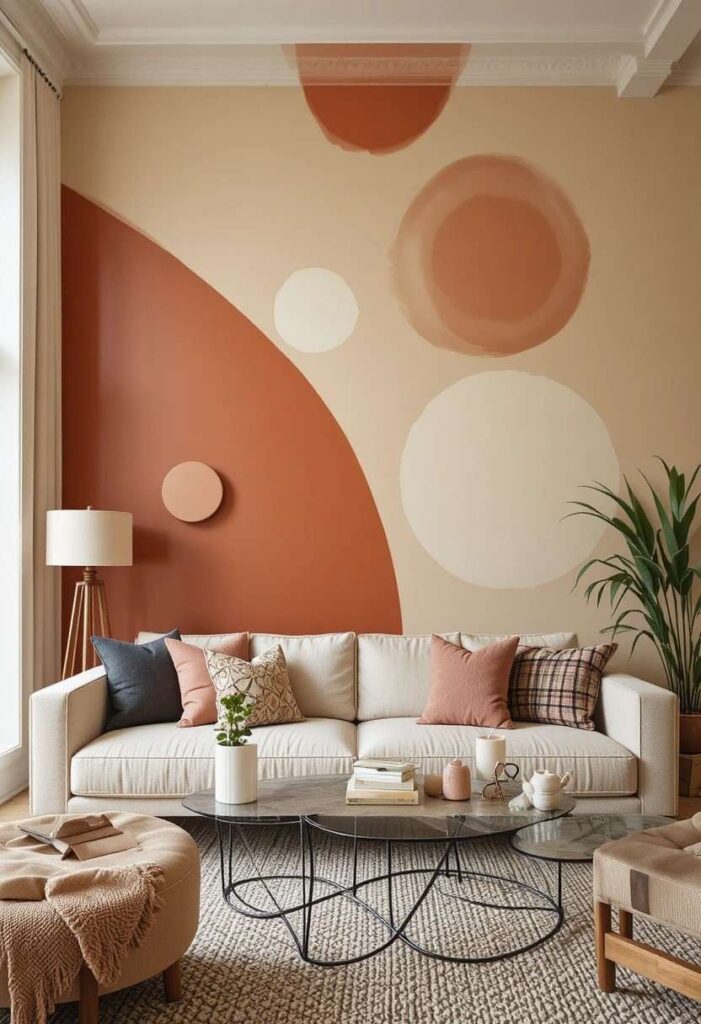 Geometric painted accent wall adding playful style to a living room.
