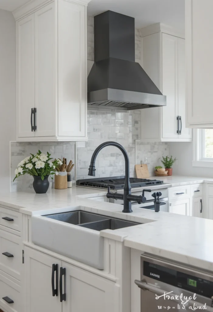 White kitchen countertops paired with matte black hardware accents.