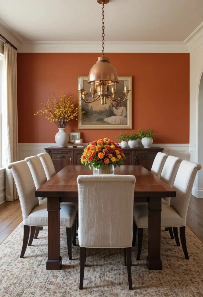 Burnt orange dining room wall with walnut furniture and copper accents
