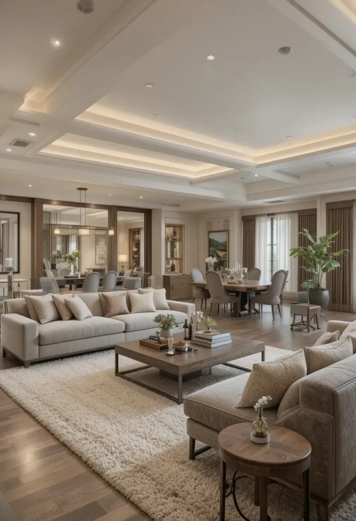 Full living room dining combo with large area rug defining the living zone