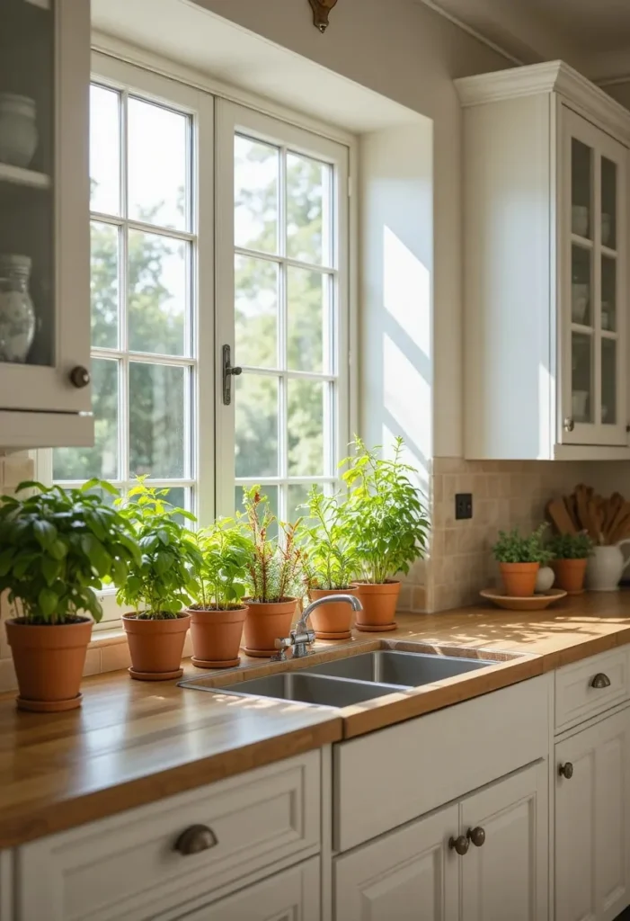 Full kitchen with fresh herb garden on sunny windowsill