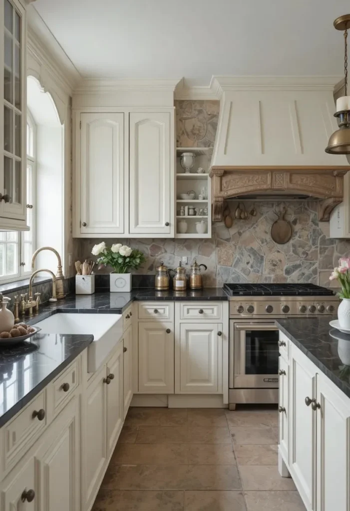 Black limestone kitchen countertops with cream cabinets in a French country kitchen.