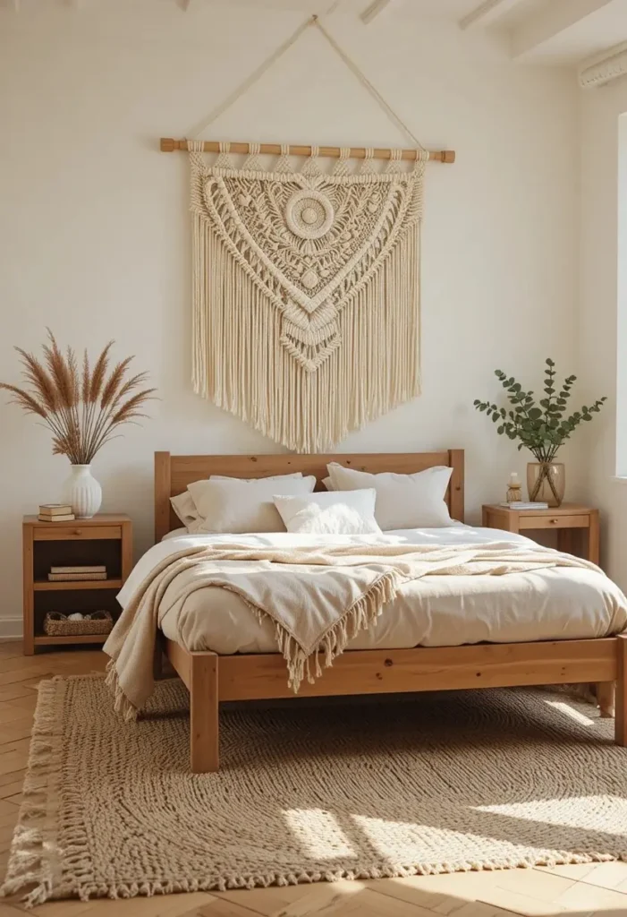 Large macrame wall hanging above bed in boho bedroom.