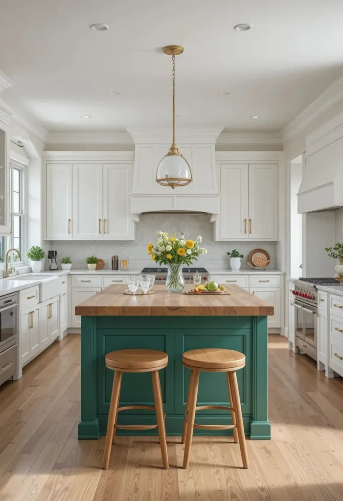 Full kitchen with bold green island as statement centerpiece