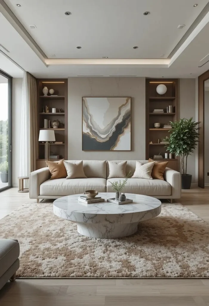Full apartment living room with unique marble coffee table