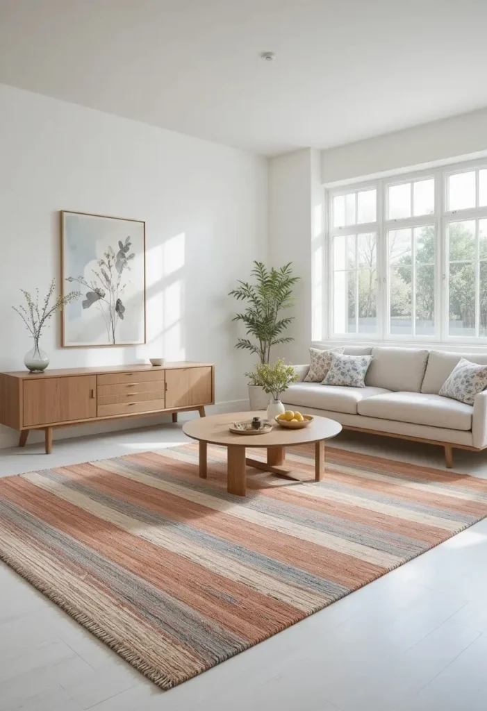 Minimalist living room styled with a flatweave striped rug in soft neutral tones.