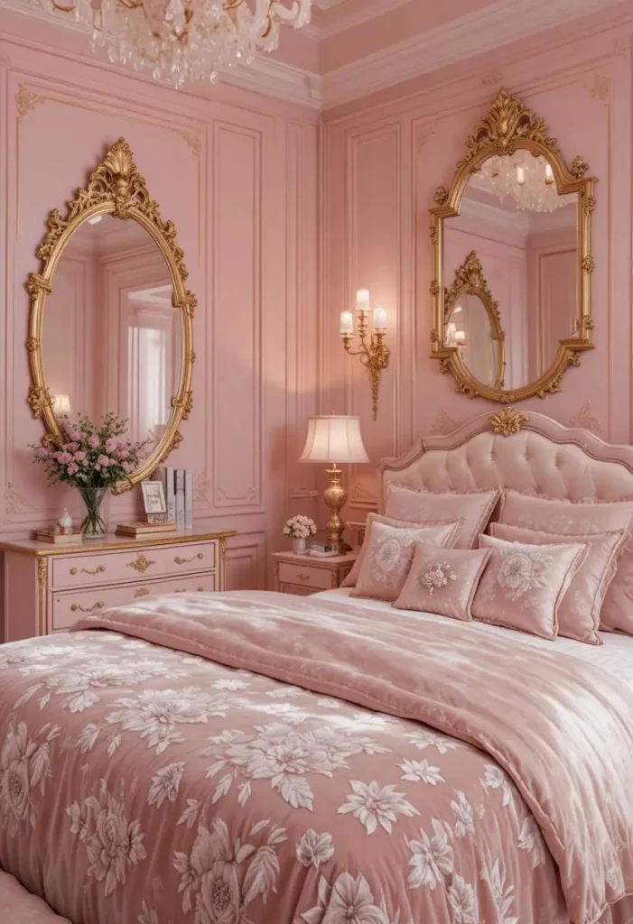 Pink and gold bedroom decor with brass accents and luxury styling.