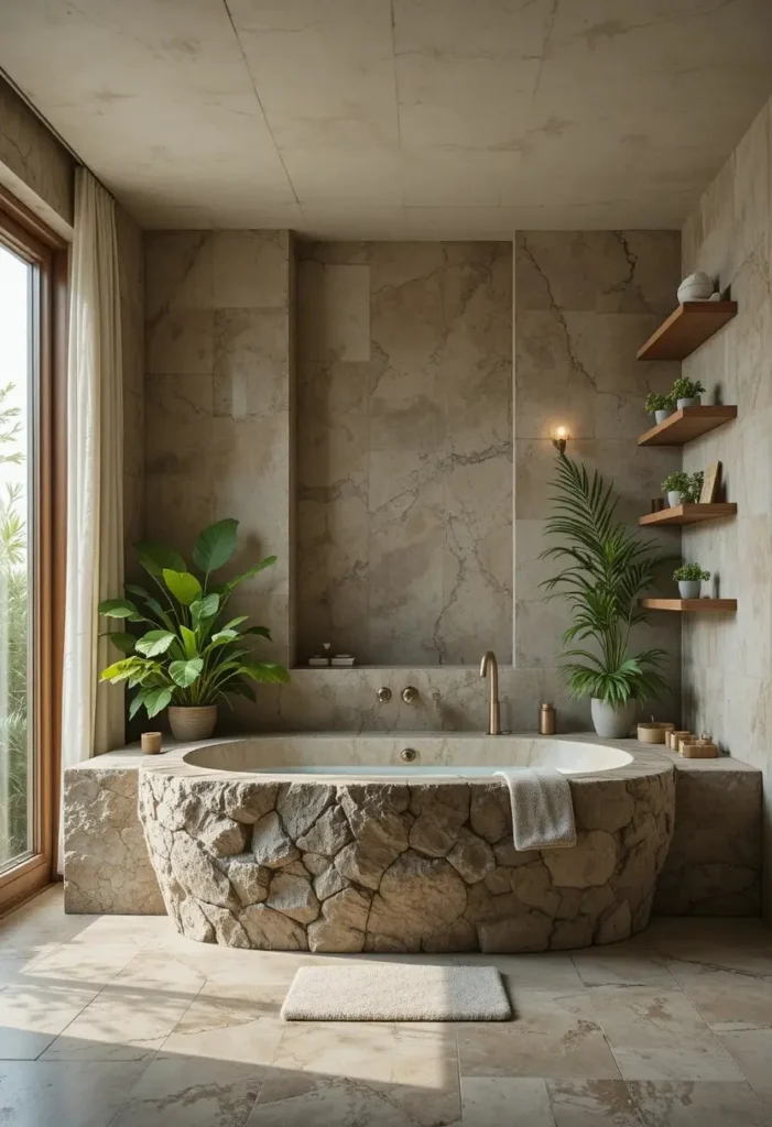 Organic bathroom design featuring a stone-surround bathtub and lush greenery.