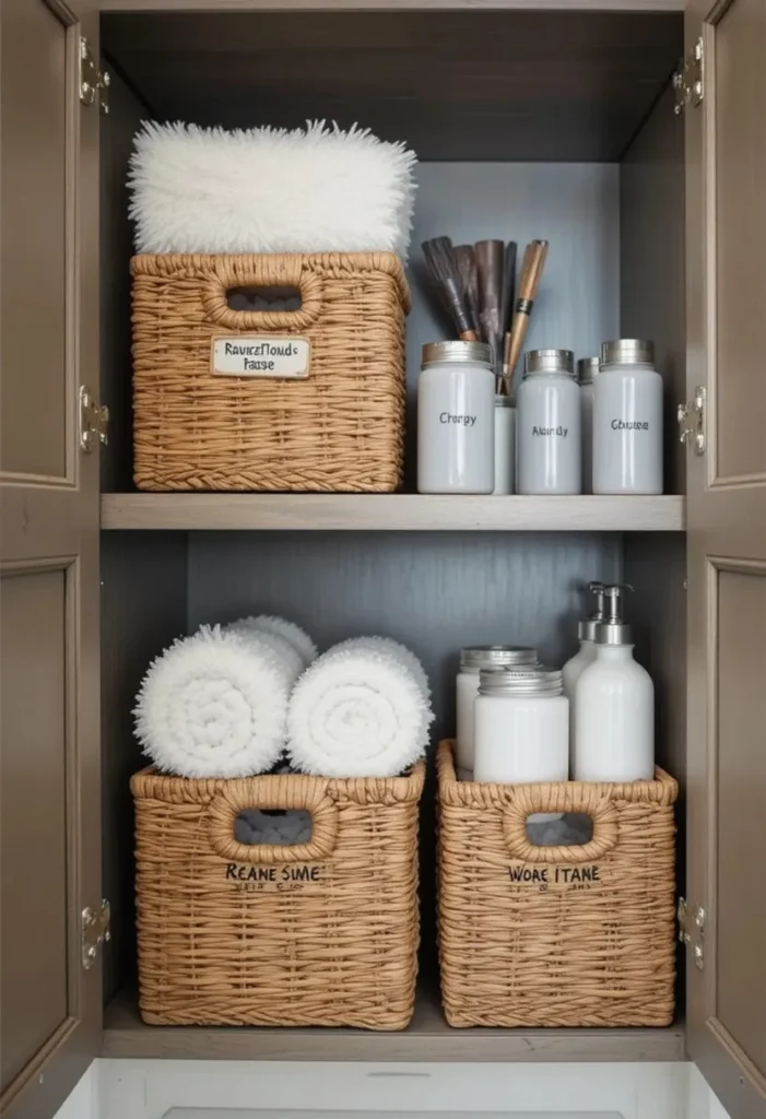 Bathroom cabinet with stacked baskets maximizing storage space