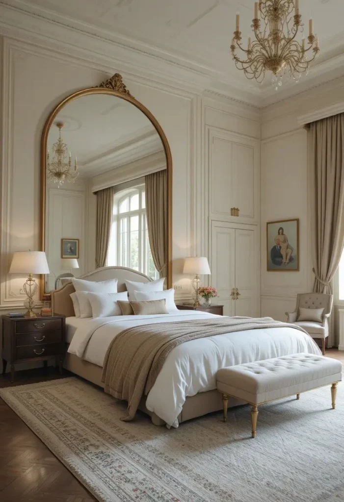Full guest room with stylish full-length mirror