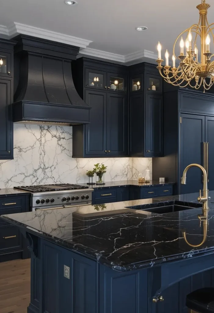 Black kitchen countertops paired with brushed gold hardware and navy cabinets.