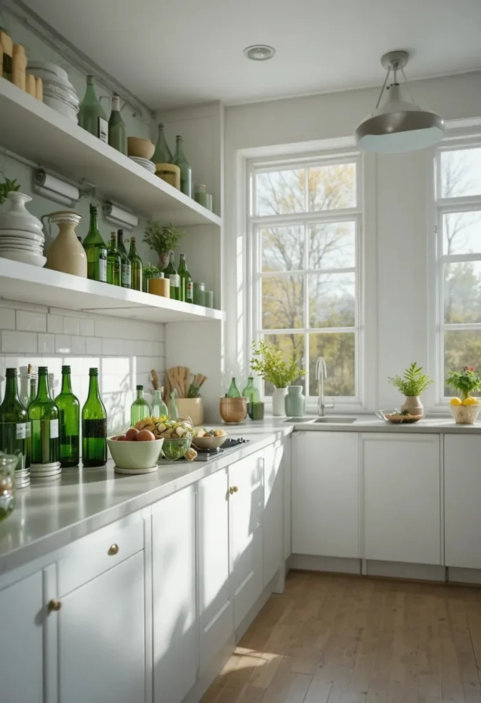 Full kitchen styled with green glassware accessories
