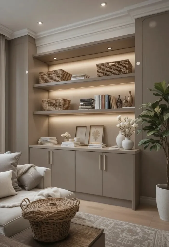 Built-in shelves with hidden cabinet storage in a modern living room.