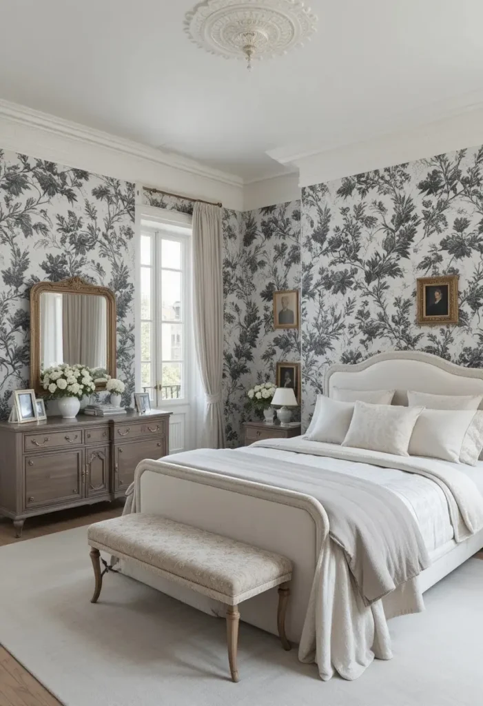 Traditional bedroom featuring classic black and white toile wallpaper.