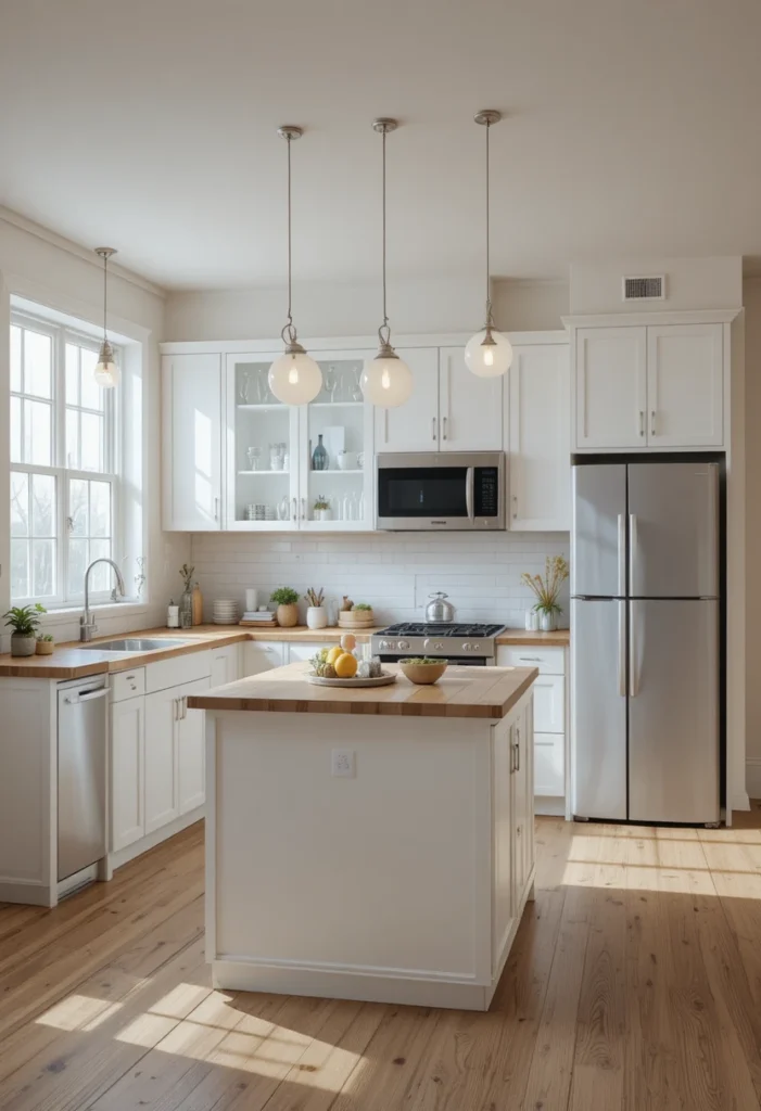Small modern kitchen using plug-in pendant lights above a functional island.