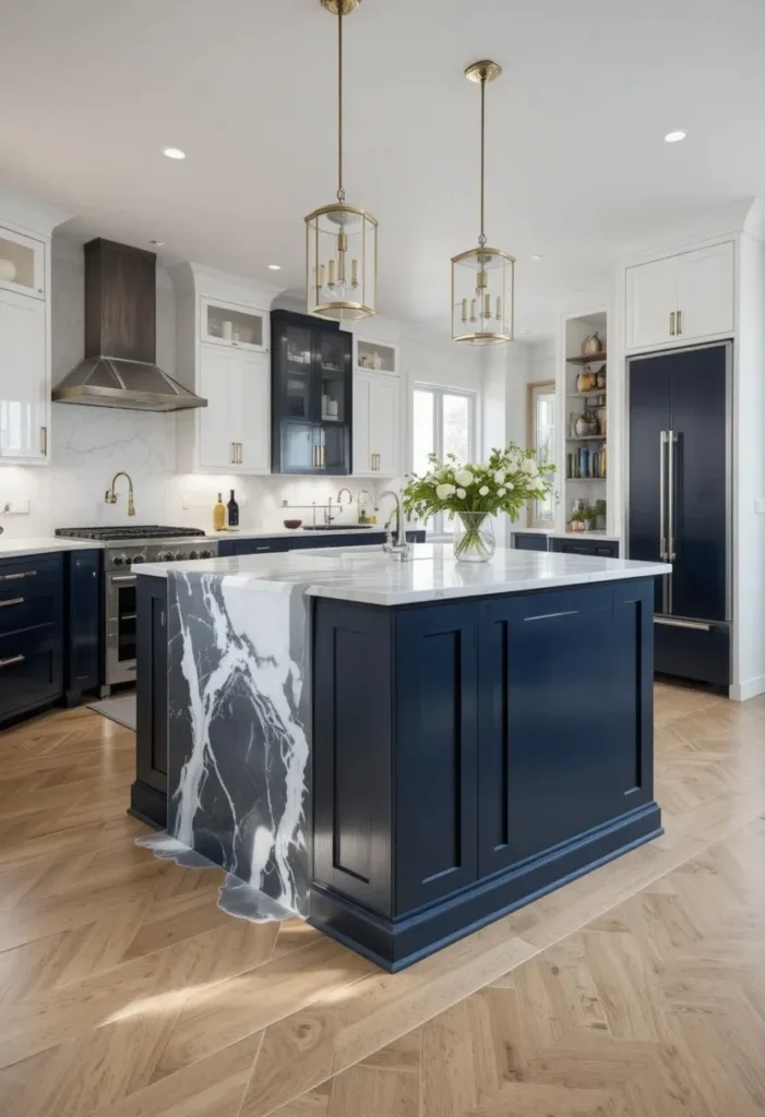 Two-tone kitchen featuring a navy island and white waterfall countertop as the focal point.