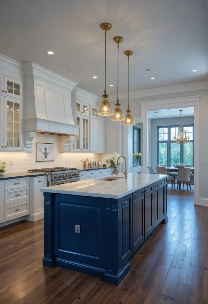 Full transitional kitchen featuring warm brass pendant lights above a navy island.