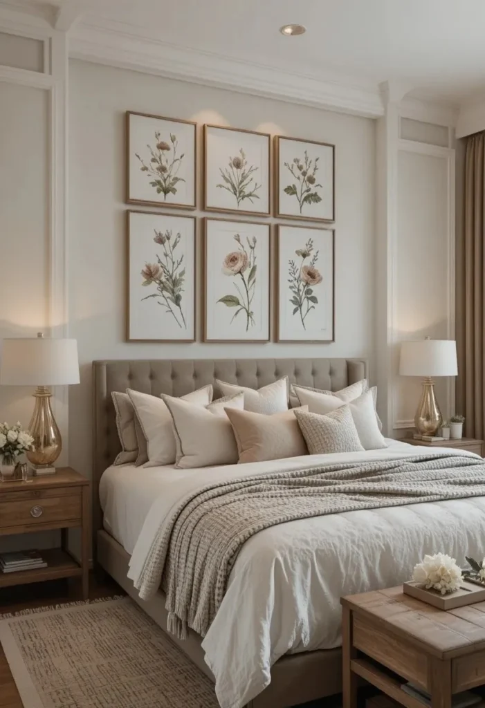 Full guest room with calming botanical wall art gallery