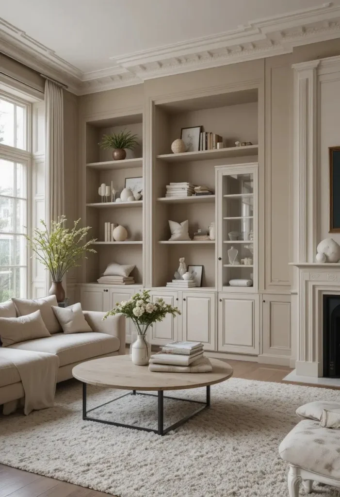 Monochromatic built-in shelves blending seamlessly into living room walls.
