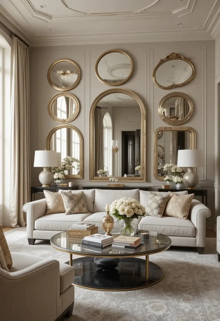 Mirror accent wall reflecting light in a glamorous living room.