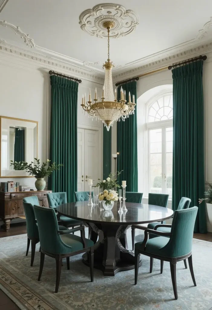Full dining room with emerald velvet curtains creating instant luxury