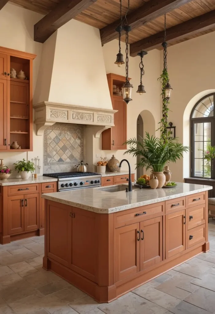 Terracotta kitchen cabinets in a Mediterranean-inspired warm kitchen