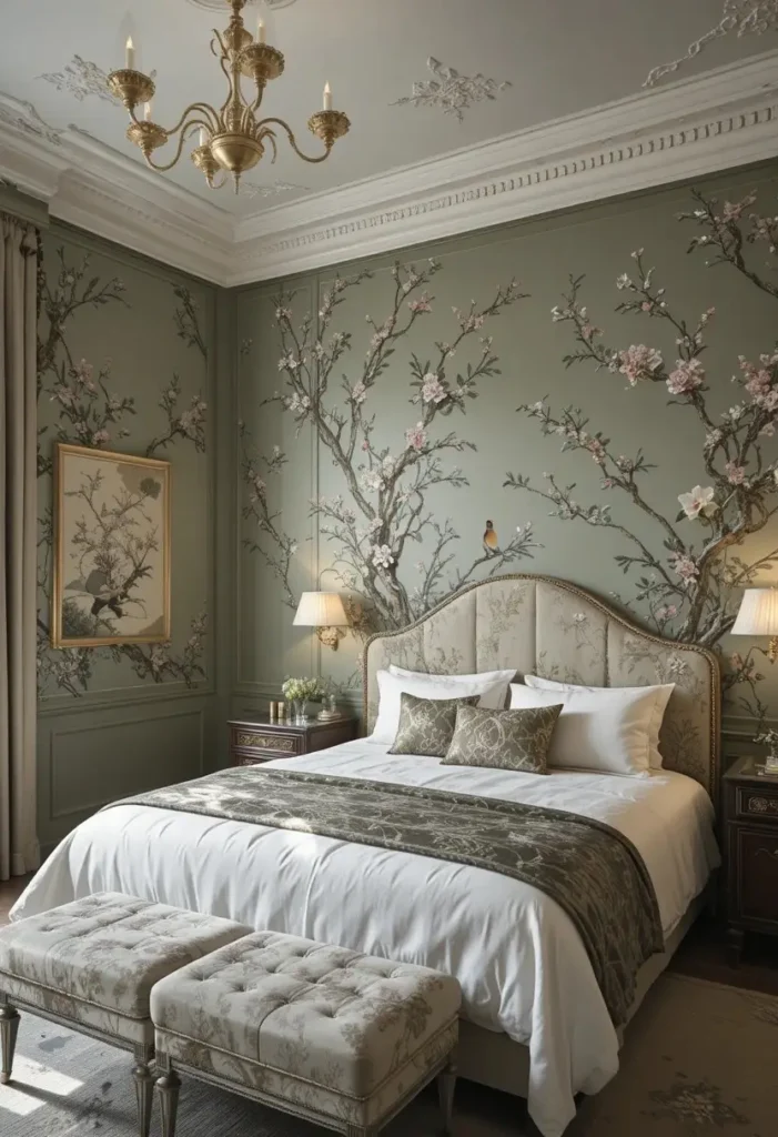 Use chinoiserie wallpaper on one feature wall for the perfect balance.