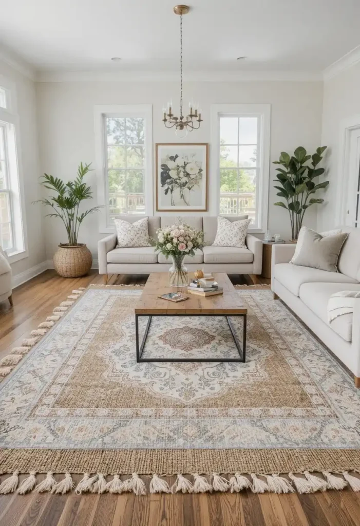 Living room with layered rugs adding warmth and texture