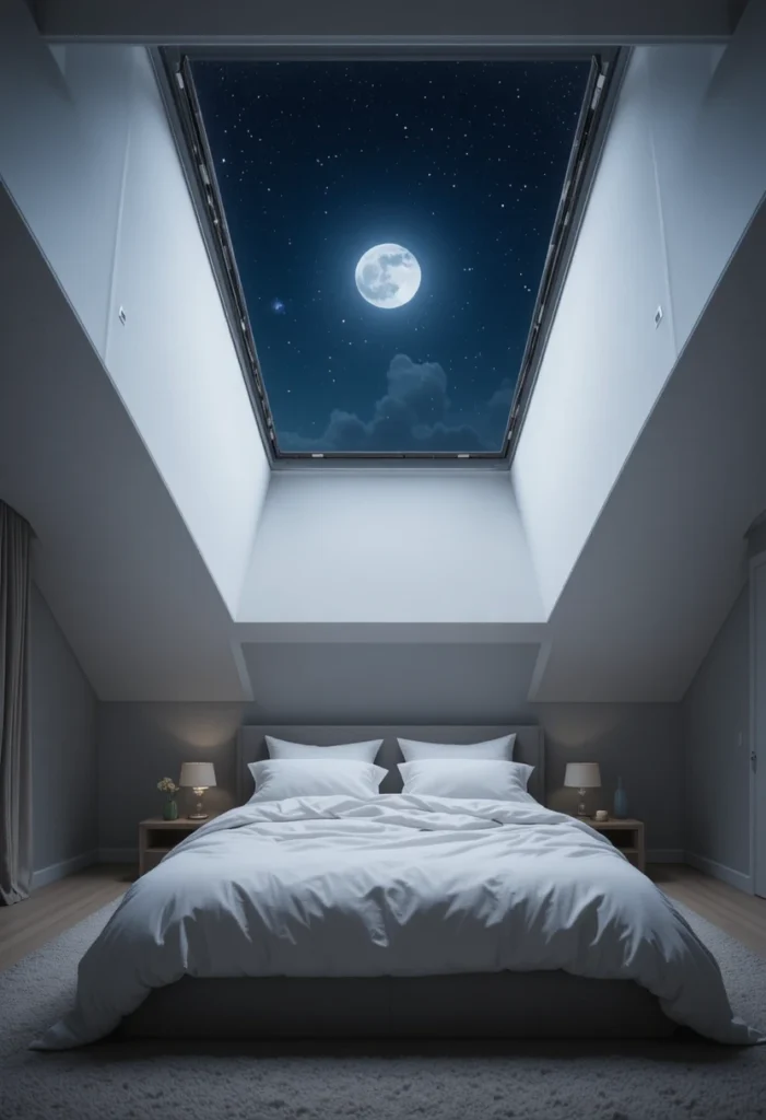 Attic bedroom with skylight above bed for stargazing and natural light