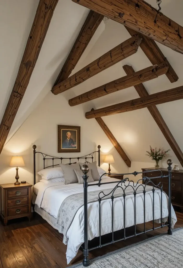 Rustic attic bedroom with exposed wood beams and iron bed frame