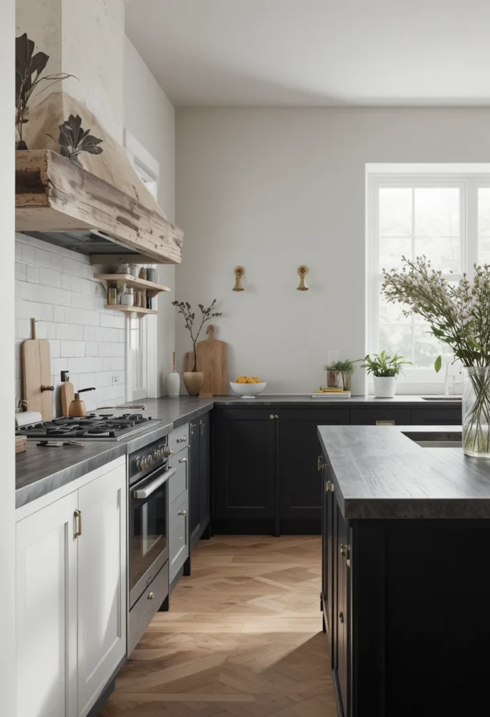 Dark stained butcher block countertops in a Scandinavian-inspired kitchen.